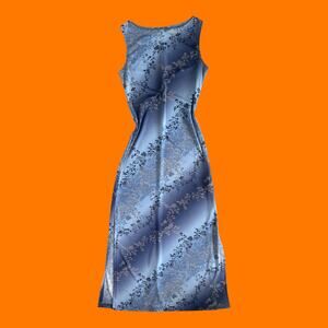 90's vintage blue paisley floral bodycon high slit maxi dress MEDIUM